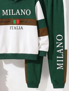 Tween Boy Casual Minimalist Long Sleeve Hooded Comfortable Sweatshirt 2 Pieces Set, Suitable For Autumn/Winter, Classic Retro Casual Color Block Pattern Print, Classic Urban Milan Text Pattern Print, Suitable For Autumn/Winter, Suitable For Back To School Season - Multicolor - View 5