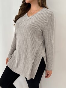 Shapeblank Plus Size Versatile Fashion Long Sleeve T-Shirt With Split Hem, Fall, Going Out Top, Simple Style, Warm Autumn Top T-Shirt For Women Fall/Winter - Apricot - View 2