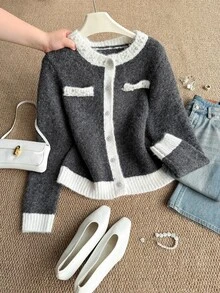 Grovea Plus Size Women's Colorblock Casual Elegant Versatile Daily Cardigan Office Formal Gray Autumn - Dark Grey - View 7