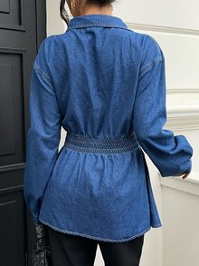 Siren Gaze Women's Autumn Fashion Waist-Cinching Denim Top, Fall Winter Casual Elegant V-Neck Blouse, Office, Commuter, Vacation, Formal Wear, Sexy Top, Cute. - Blue - View 4