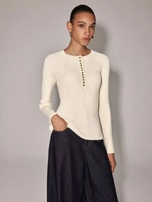 Anewsta Essential Women's Henley Neck Button Detail Long Sleeve Ribbed Knit Top Minimalist Slim Fit Solid Basic Sweater - White - View 4