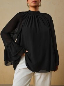Travachic Blus Elegan Wanita Ukuran Besar Warna Polos Kerah Tegak Berlipit Lengan Lonceng - Hitam - View 5