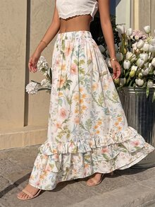 Cévolie Women's Elegant Elegant Early Autumn Vacation Print Ruffle Hem Skirt - Multicolor - View 1