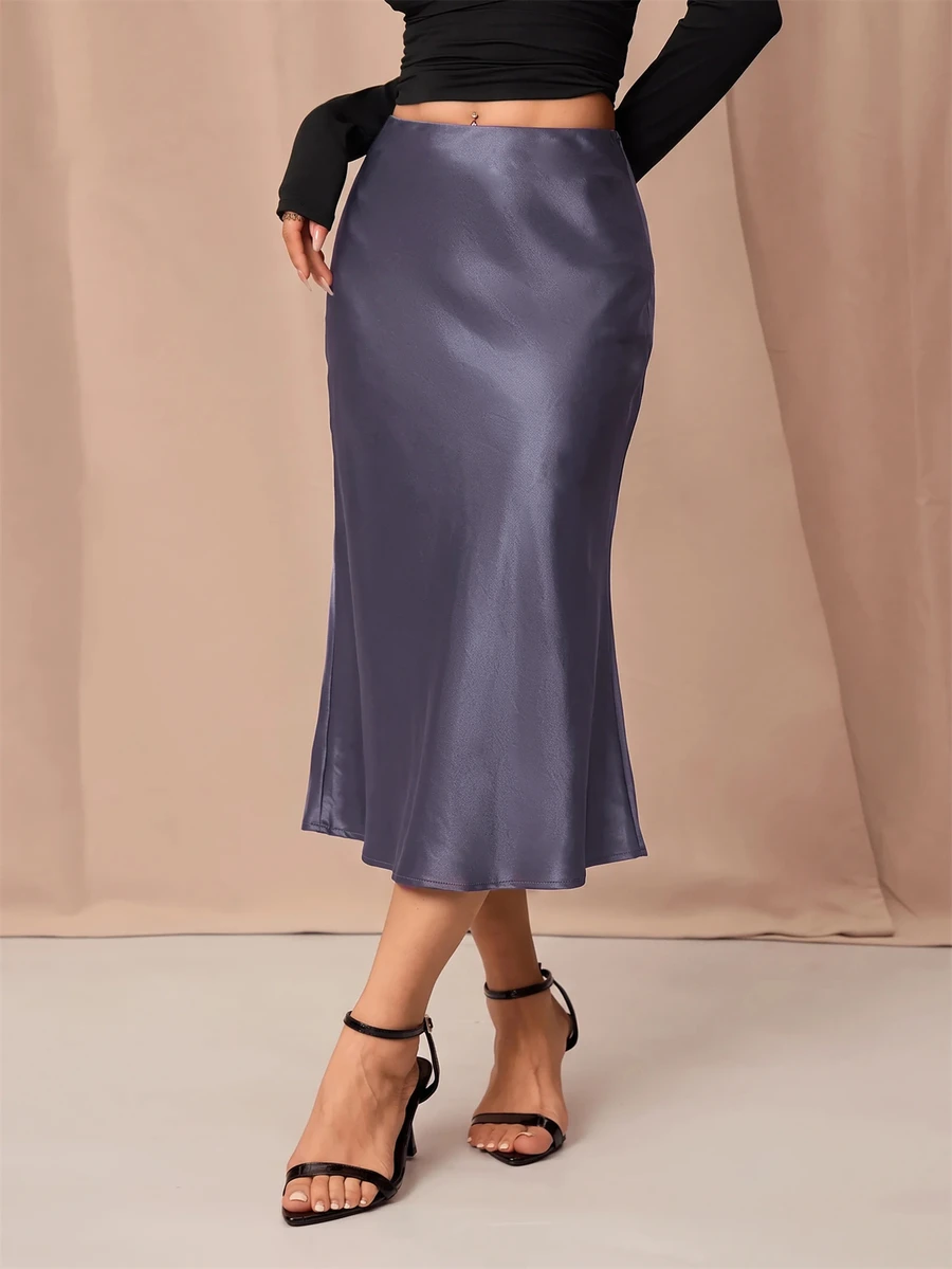 SHEIN PETITE Black High Waist Solid Color Skirt With Satin Texture Suitable For Dance And Daily Wear - Grey - View 1