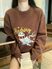 DAZY Women's Letter Cartoon Pattern Casual Daily Long Sleeve Sweater Fall - Brown - View 5