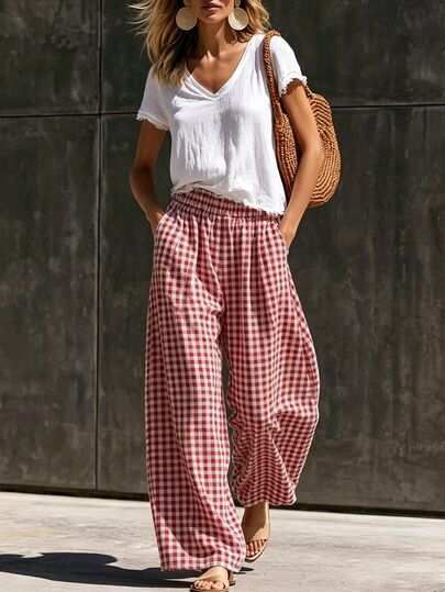 SHEIN Classic Red & White Fine Check Micro-Crinkle Textured Fabric Full Elastic Waistband Natural Gathered Pleats No Side Seams Drapey Wide Leg Loose Relaxed Fit Plaid Long Pants For Home & Street Wear