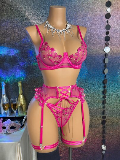 MidnightGlam Conjunto de lencería sexy de encaje de 4 piezas, lencería sexy para mujeres, adultos, luna de miel, caliente, noche de cita, lencería sexy de encaje, conjunto de lencería, atuendo sexy
