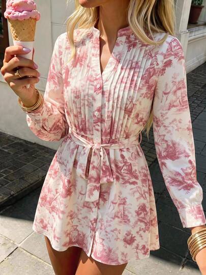 Vivid Eden White Pink Floral Shirt Dress, Tie Waist A‑Line For Fall Travel Date,Pink Floral Print,Fall Street,Brunch Date,Fall Clothes,Elegant Dresses,Festival