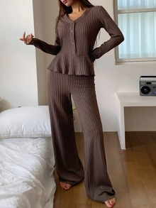 DAZY Autumn Elegant Textured Knit Waist-Cinching Ruffle Hem Women's Pajama Set - Brown - View 5