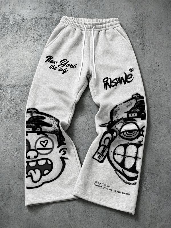 Manfinity EMRG Light Grey Wide Leg Sweatpants, Vintage Cartoon Graffiti Portrait Letter Print Drawstring Long Pants, Y2K Streetwear Casual Pants, Suitable For Music Festival Party Outfits