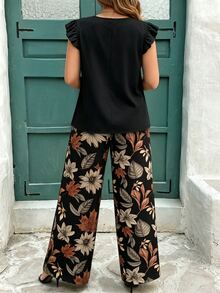 EMERY ROSE 休閒簡約純色上衣與楓葉花卉印花長褲大尺碼女款兩件套 - 彩色 - 查看 2