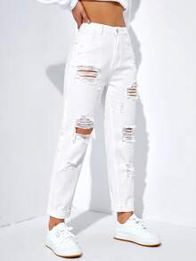 SHEIN EZwear 女款休閒日常穿著牛仔褲，附口袋、鈕扣與破洞設計 - 白色 - 查看 3