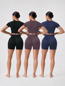 SHEIN Velisys 6pcs/Set Regular Fit Ribbed Square Neck Basic Black Navy Purple Sports Fitness Seamless Yoga Set - Multicolor - View 2