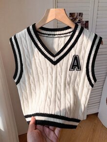 SHEIN 青少年女孩秋冬休閒法式學院風白色對比條紋紋理提花套頭針織背心，適合搭配白襯衫，適合返校與日常穿著 - 黑與白 - 查看 3