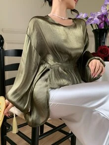 DAZY 青少年女孩優雅純色燈籠袖收腰上衣 秋季 - 綠色 - 查看 9