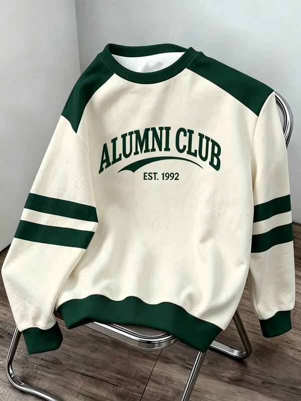 Daypath American Vintage Letter Stripe Print Colorblock Sweatshirt, Suitable For Daily Casual College Style