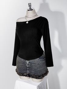 SHEIN ICON Kaos Hitam Ukuran Plus Wanita Gaya Y2K dengan Desain Sobek dan Usang di Bagian Belakang, Model Renda 2 in 1 Lengan Panjang untuk Musim Gugur - Hitam - View 4