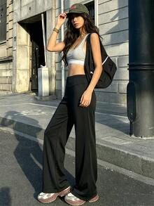 Pariaura Black Mid-Waist Drapey Flared Yoga Pants, Tummy Control Shaping High Elastic Daily Wear Running Training Sports Leggings - Black - View 5
