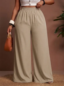 Veslaya Plus Size Casual Vacation Elastic Waist Loose Wide Leg Pants Fall - Apricot - View 3