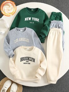 SHEIN 小男孩英文字母印花圓領長袖套頭運動衫與鬆緊腰長褲6件套 - 彩色 - 查看 6