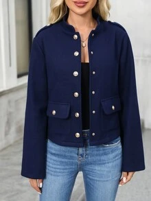 EMERY ROSE Jaket Lengan Panjang Kasual Warna Polos Serbaguna untuk Wanita, Pakaian Musim Gugur untuk Wanita, Busana Musim Dingin untuk Wanita - Navy Blue - View 4
