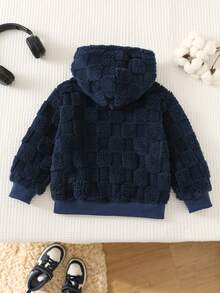 SHEIN Young Boy Decorative Woven Kids Label Hooded Long Sleeve Winter Jacket, Thermal Lined Thick - Navy Blue - View 2