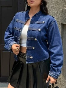 Rivivi Summer New Button-Down Loose Fit Plus Size Denim Jacket - Blue - View 1
