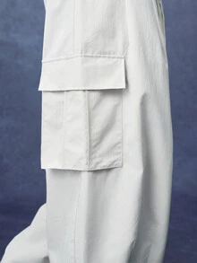 PAVTROS Men's Solid Color Drawstring Waist Wide Leg Loose Cargo Pants - Beige - View 7