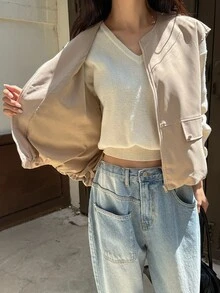 DAZY 夏季新款寬鬆休閒無袖背心 女款商務休閒風正裝外套可愛上衣 - 卡其色 - 查看 5