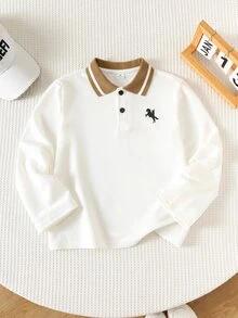 SHEIN Kids Young Boys Casual Comfortable Versatile College Style Logo, Contrast Collar Long Sleeve Top Suitable For Street Photography, Daily Wear, Summer - Multicolor - View 7
