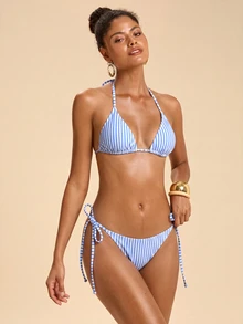Travachic 女款夏季海灘條紋掛脖綁帶性感比基尼三角褲兩件式泳衣套裝 - 藍白色 - 查看 5