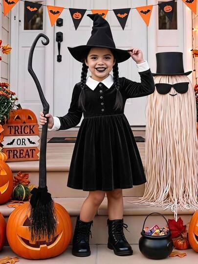 Young Girl Young Girl Autumn/Winter Halloween Star Colorblock Black & White Velvet Long Sleeve Dress With Collar, Suitable For Halloween Outings And Other Occasions