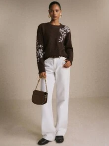 Poéselle Women's Brown Floral Embroidered Fuzzy Knit Sweater Soft Cozy Crewneck Long Sleeve Pullover Fall Christmas Everyday French Elegant Romantic Brunch - Brown - View 6