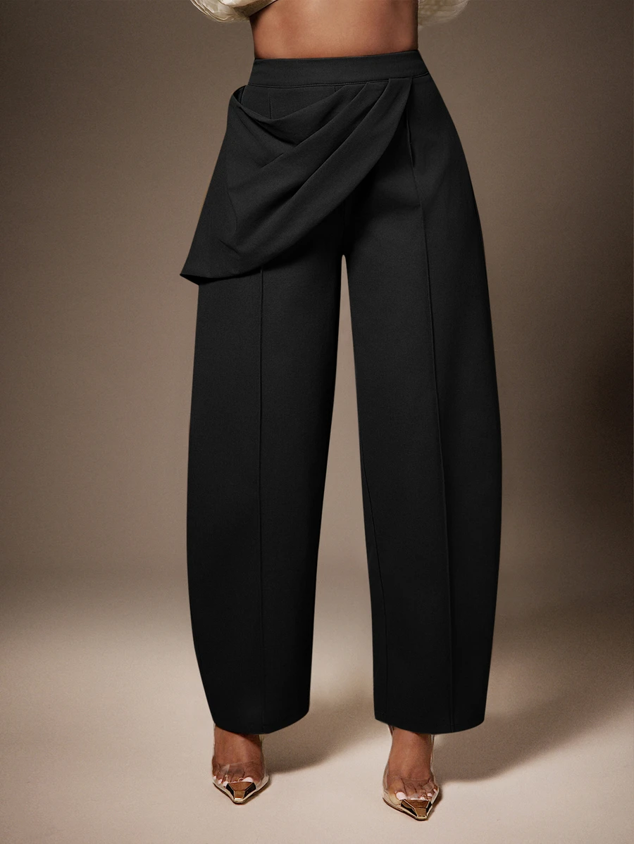 Vixey High Waist Draped Pleated Sash Seam Detail Barrel Leg Pants - Black - View 1