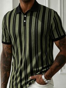 Manfinity CasualCool 男士休閒商務條紋設計 Polo 衫上衣，適合日常通勤穿著，休閒百搭 - 綠色 - 查看 4