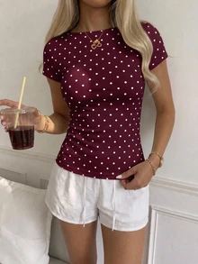 CovetEZ Casual Minimalist Sexy Cold Shoulder Burgundy Polka Dot Short Sleeve T-Shirt, Suitable For Spring And Summer, Spring And Summer Outfit Matching, Burgundy Polka Dots Make You Look Fairer - Multicolor - View 4