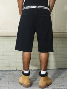 GALLERY FADE Men's American Street Hip-Hop Gothic Style Rhinestone Party Lifestyle Black Washed Bermuda Denim Shorts - Black - View 2