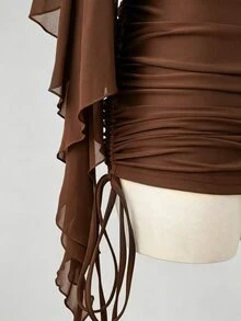 Sunspun Plus Size Spring/Summer Sheer Top & Slim Fit Drawstring Camisole Dress 2 Pieces Set - Coffee Brown - View 4