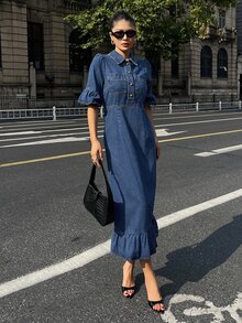 Strévra Women's Blue Denim Midi Dress With Turn-Down Collar, Button Pocket Decor, Cinched Waist And Ruffle Hem, Autumn - Blue - View 4