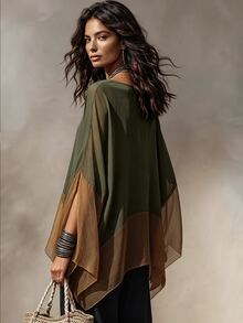 SHEIN New Women's Colorblock Patchwork Versatile Slimming Blouse Shirt - Dark Green - View 4