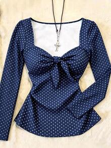 IslaSuriya Kaos Lengan Panjang Wanita Motif Polkadot Lipit Kasual Vintage Serbaguna untuk Pakaian Sehari-hari, Kencan, Setiap Hari, Warna Biru Tua, Musim Gugur - Navy Blue - View 1
