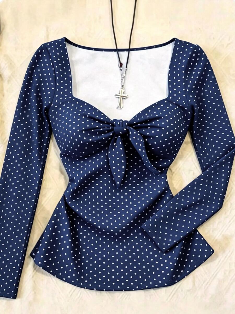 IslaSuriya Kaos Lengan Panjang Wanita Motif Polkadot Lipit Kasual Vintage Serbaguna untuk Pakaian Sehari-hari, Kencan, Setiap Hari, Warna Biru Tua, Musim Gugur - Navy Blue - View 1