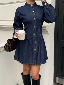 Siren Gaze Women's Long Sleeve Single-Breasted Casual Denim Dress, Fall Winter Elegant Denim Dress For Women, Stand Collar Mini Dress, Office Wear, Cute Dress. - Blue - View 4