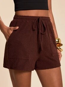 Travachic Women's Solid Color Drawstring Waist Casual Versatile Daily Shorts - Coffee Brown - View 7