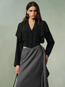 Aveloria Modichic Blazer Pendek 2-in-1 Kerah Hitam, Jaket Jas Kecil Lengan Panjang dengan Desain Syal untuk Makan Malam, Acara Malam, Musim Gugur, Gaya Prancis Elegan - Hitam - View 3