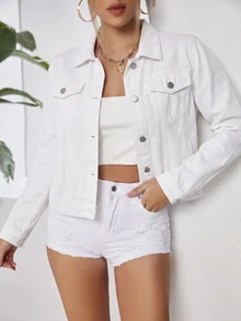 SHEIN Essnce 秋季休閒短版牛仔夾克 - 白色 - 查看 1