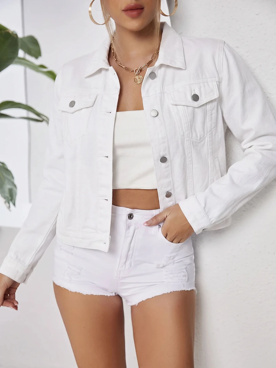 SHEIN Essnce 秋季休閒短版牛仔夾克 - 白色 - 查看 1