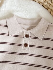 SHEIN 嬰兒/幼兒（男孩）卡其棕條紋毛衣，翻領、長袖、拼色設計，適合春季、秋季、冬季及秋冬季節 - 卡其色 - 查看 3