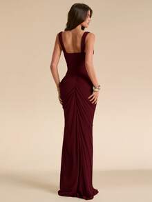 SHEIN BAE Spring/Summer Solid Sage Green Women's Strapless Ruched Fitted High Slit Ruched Maxi Mesh Dress, Tight Elegant Dress, Flowy Dress, Suitable For Vacation, Beach, Bridesmaid, Wedding, Spring/Summer Wear - Burgundy - View 2