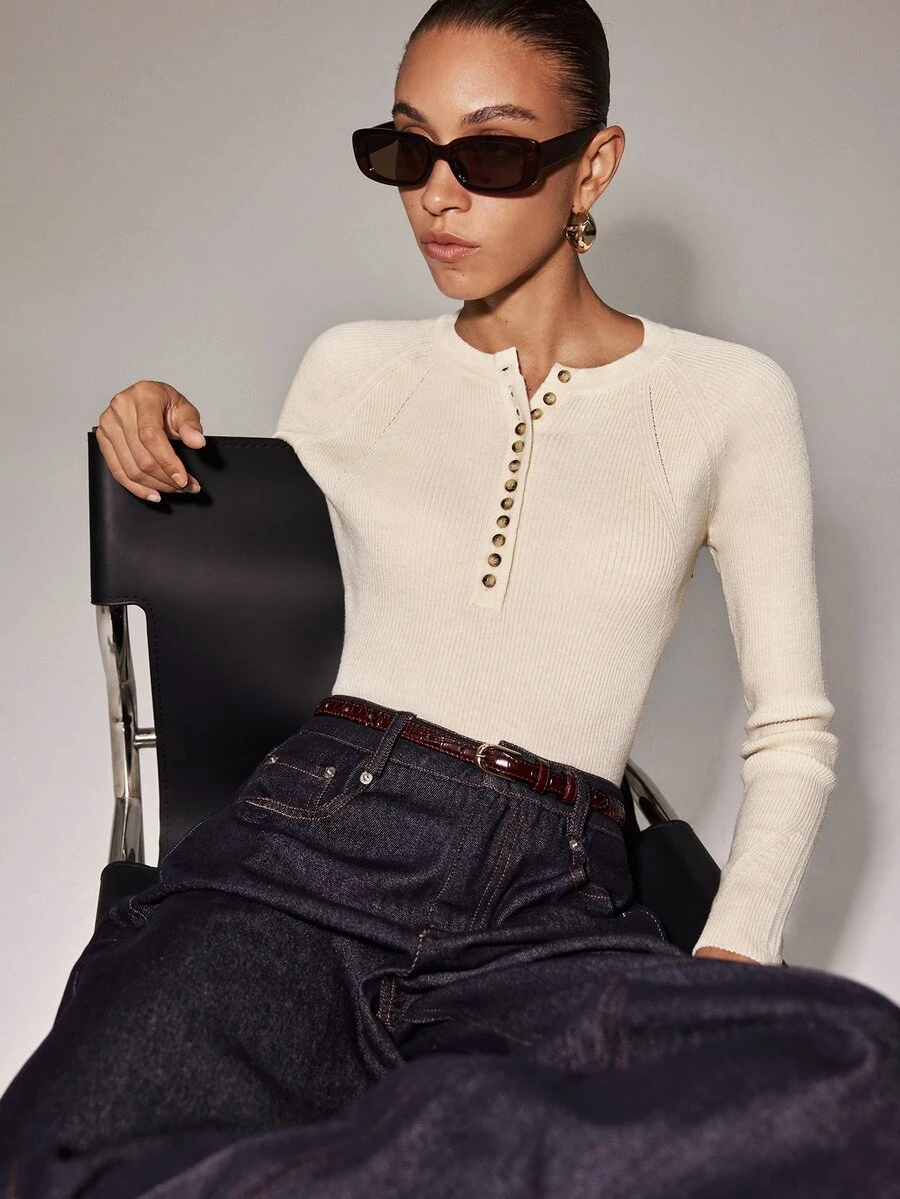 Anewsta Essential Women's Henley Neck Button Detail Long Sleeve Ribbed Knit Top Minimalist Slim Fit Solid Basic Sweater - White - View 1